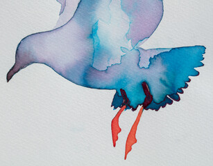 Colorful watercolor painting of a seagull in mid-flight with flowing blue and orange details