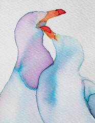 Watercolor painting of two seagulls perched together in soft pastel colors on a textured background