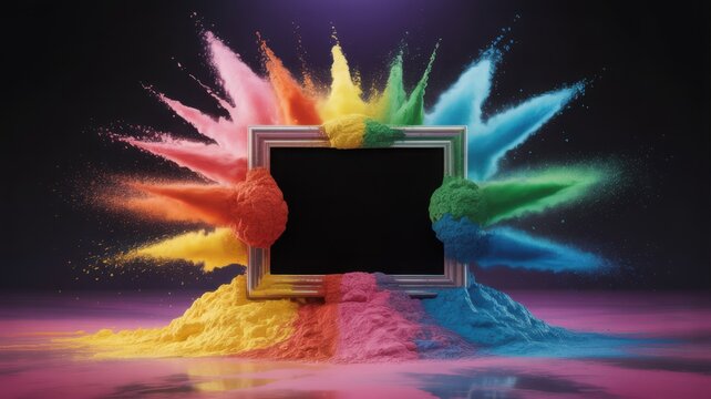 Product display frame with colorful powder paint explosion