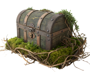 Mysterious old treasure chest covered with moss and vines isolated on black background antique wooden box