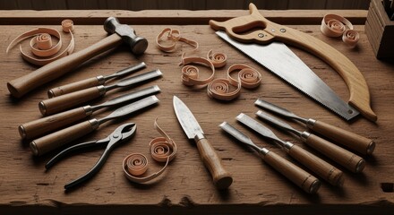 Assortment of well-used woodworking tools on a wooden workbench, including chisels, saws, and wood shavings, suggesting intricate projects.