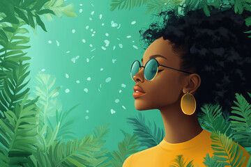Woman with round sunglasses surrounded by tropical greenery and glowing particles in summer atmosphere