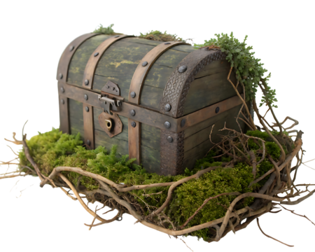 Mysterious old treasure chest covered with moss and vines isolated on black background antique wooden box