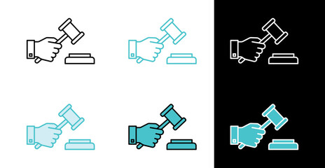 Judge hand holding wooden gavel icon for legal decision and auction sale in line and fill style