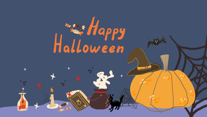 Happy Halloween border with pumpkin, witch cauldron and magic potion vector illustration