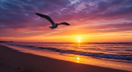 Seagull soaring sunrise beach scene