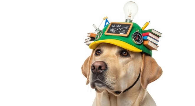 dog wearing a thinking cap, creative thinking, idea generating, on a solid white background