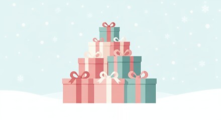 Stack of Colorful Gift Boxes in Snowy Winter Scene with Falling Snowflakes