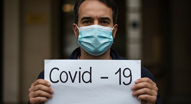 Man in protective mask holding sign with covid 19 message