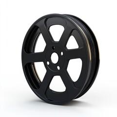 Obraz premium Black film reel,?isolated on white.? A?detailed?3D?model?of a?classic?film?reel,?black?with?gold?stripes,?in?a?profile?view