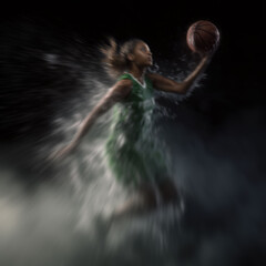 Fototapeta premium A green clad player drives to the basket, suspended in mist with glowing streaks of motion surrounding her.