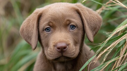 Adorable brown puppy with expressive eyes surrounded by green grass in a natural outdoor setting