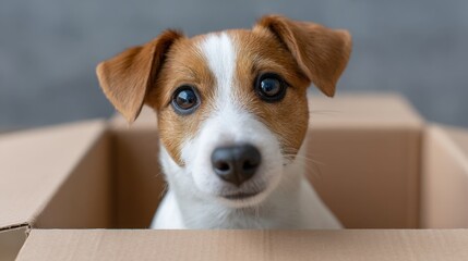 Adorable puppy peeking out of a cardboard box with curious eyes and a playful expression in a cozy interior setting