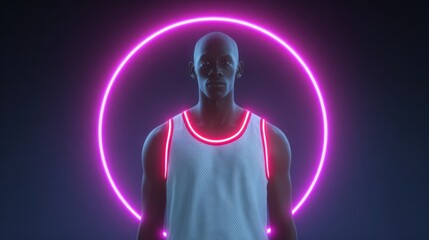 Futuristic Basketball Player Silhouette with Neon Lights and Glowing Halo Effect in Dark Background