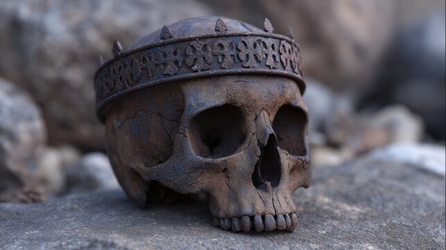 Detailed view of a weathered skull adorned with a decorative crown placed on rocky terrain, symbolizing themes of mortality and time.
