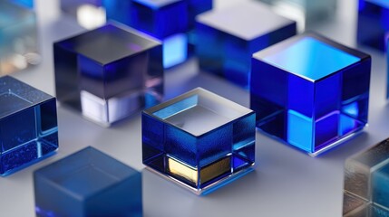 Abstract composition of translucent blue glass cubes with glowing light and reflections on a clean modern background