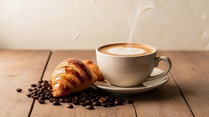 Enjoy a delicious hot coffee with fresh croissants for a delightful breakfast or brunch experience, perfect for food blogs and cozy lifestyle visuals