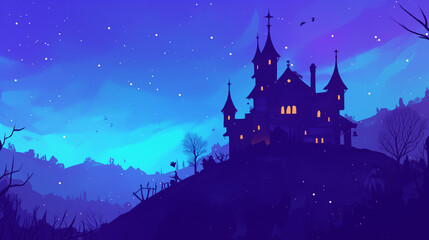 魔法の夜空に浮かぶ、ファンタジーの城のシルエット