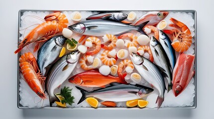 Fresh seafood bounty on ice featuring vibrant shrimp, scallops, and diverse fish perfect for culinary creations and healthy eating promotions