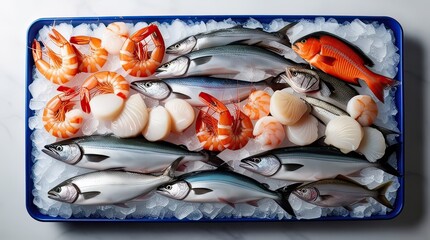 Fresh seafood bounty on ice featuring vibrant shrimp, scallops, and diverse fish perfect for culinary creations and healthy eating promotions