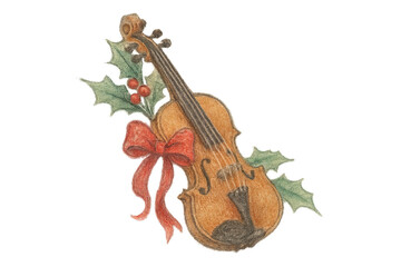 Violin decorated with holly and a red bow for holiday cheer in festive season