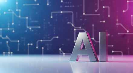 Metaverse the letters ai in metallic 3d, symbolizing artificial intelligence, against a backdrop of digital circuits and glowing lights