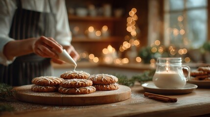 Close-up of hands decorating gingerbread cookies with white icing on wooden board, milk and cinnamon on table. Festive holiday baking scene.
