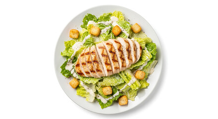Chicken Caesar salad on white plate top view isolated on white  background