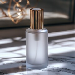 Elegant Glass Perfume Bottle with Gold Cap in Soft Lighting