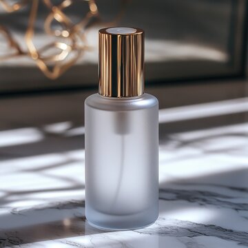 Elegant Glass Perfume Bottle with Gold Cap in Soft Lighting