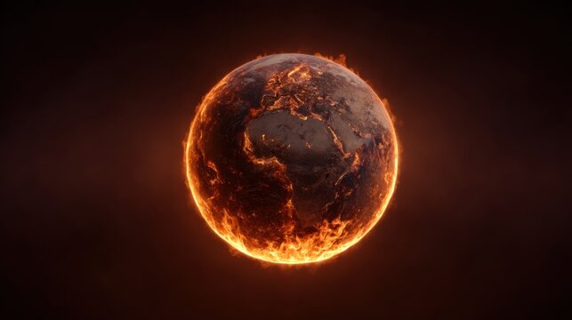 Fiery Earth Surrounded by Dark Space, Illustrating Climate Change Impact and Global Warming Consequences