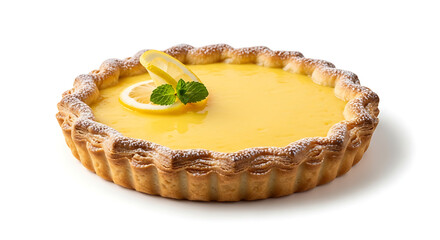 Lemon tart with golden crust and smooth lemon filling isolated on white background.
