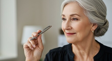 Obraz premium Mature woman contemplating with a pen in hand indoors with soft lighting