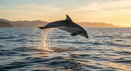 Fototapeta premium Majestic Dolphin Leaping from Ocean Waves at Sunset, Splashing Water