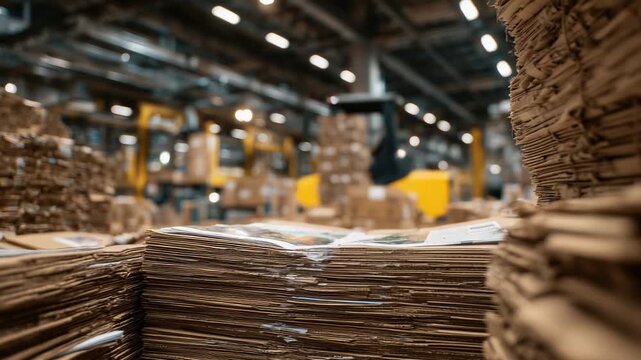 A low-angle shot of stacked cardboard boxes reveals glimpses of cans, drawing the viewer's eye into the warehouse's structural beams and ceiling.