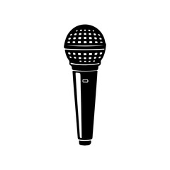 Single black silhouette of a classic microphone with a perforated head on white background