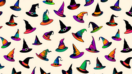 A dense and colorful seamless pattern composed entirely of various cartoon witch hats in different colors and styles.