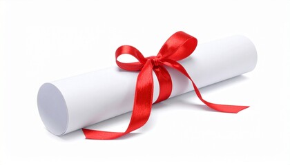 Rolled white paper tied with red ribbon on clean surface—symbolizing achievement, ceremony, and the formal choreography of recognition, transition, and earned honor.