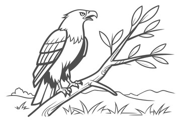Seagull on Hill Line Art Vector - Monochrome Bird Graphic