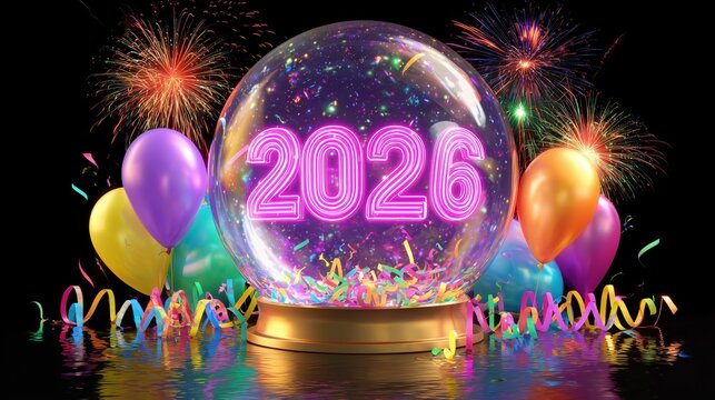 Colorful Snow Globe with Neon 2026 and Party Celebration Background - Powered by Adobe