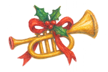 Festive trumpet decorated with holly and ribbons for holiday celebrations and music events