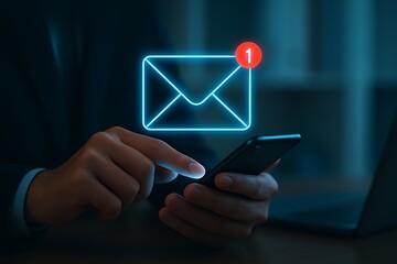 Person using smartphone with glowing neon email icon and notification mobile phone hand