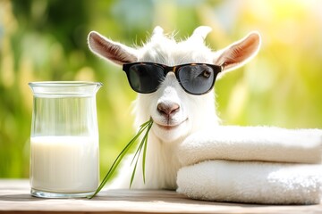 A glass jug of goat's milk next to a goat chewing on grass.
