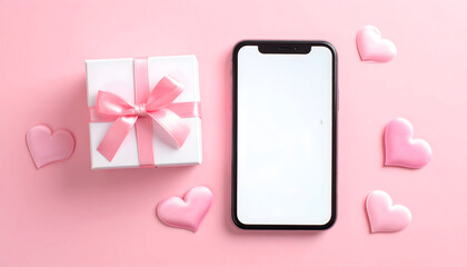 Love's Digital Embrace: A captivating still life showcases a pristine smartphone alongside a beautifully wrapped gift box and charming heart-shaped decorations, all set against a soft pink backdrop.
