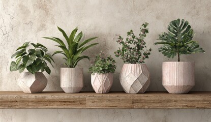 Obraz premium Stylish decorative plant pots arranged on a rustic wooden shelf against a textured wall.