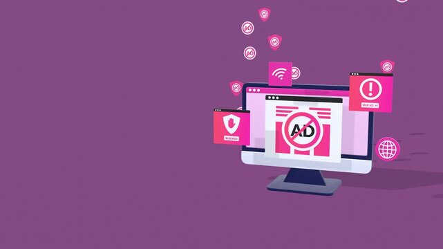 Animated Concept Showing Ad Blocker, Ad-free Browsing, Pop-up Ad Blocker, And Online Ad Removal Tools For A Safer, Cleaner Web Experience, With Copy Space For Text.