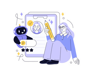 Character using artificial intelligence robot to create resume for job search. Human recourses, employment, hiring and recruitment concept. Vector illustration.