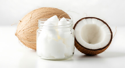 Glass jar of solidified coconut oil with smooth surface placed beside a whole and halved fresh coconut, natural tropical product, isolated on white background