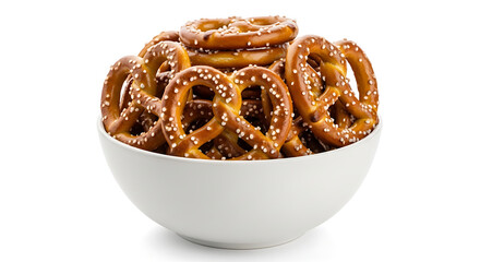 White ceramic bowl filled with golden crunchy pretzels, salted and baked to perfection, ideal for snack-themed designs and food packaging visuals, isolated on transparent background