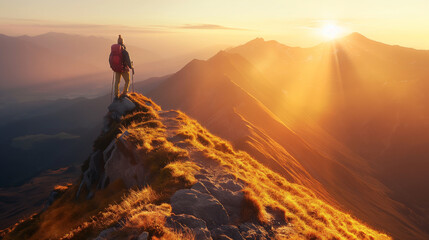 Hiker standing on mountain peak at sunrise